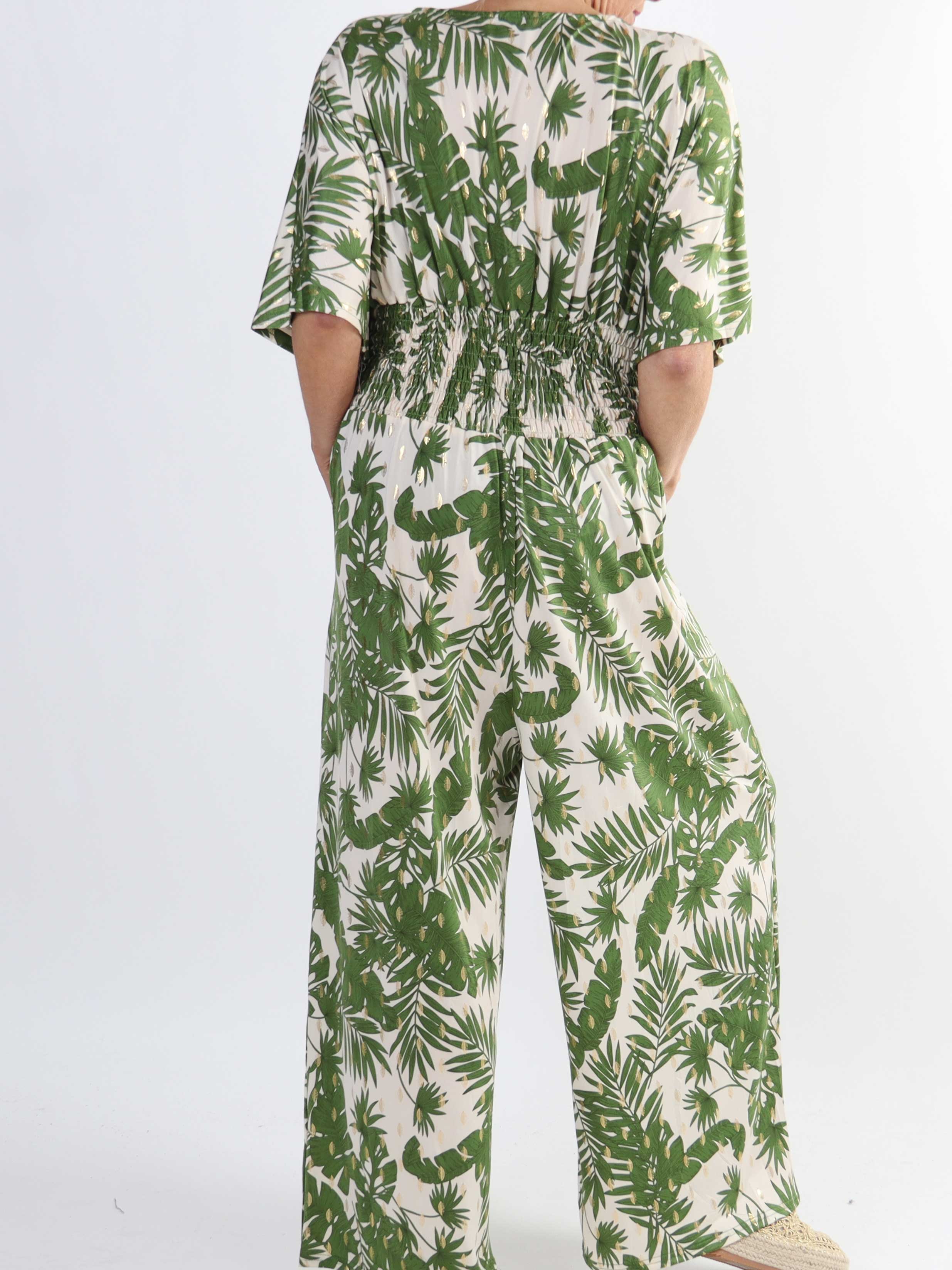 Pams Gold Leaf Jumpsuit - Elastisk plus size buksedragt med bladmønster